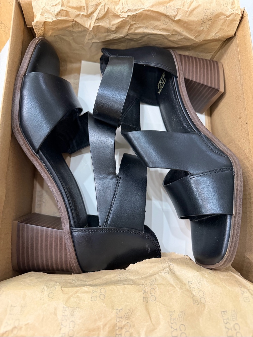 Frye & Co Roxy Black Strappy Block Heel Sandals Boho Minimalist, 8 - Picture 11 of 13